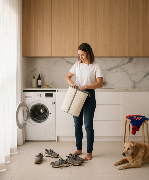 Inserting a Mudroom Co adjustable shoe tree into a white runner