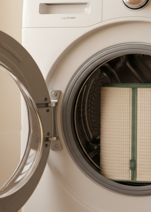 Mudroom Co shoe wash bag loaded in a front loader washing machine